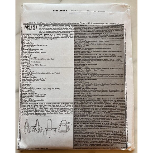 McCall's Pattern - Pet Carriers (One Size) #M5151 - Uncut 4 Designs Dog Cat - Picture 6 of 8